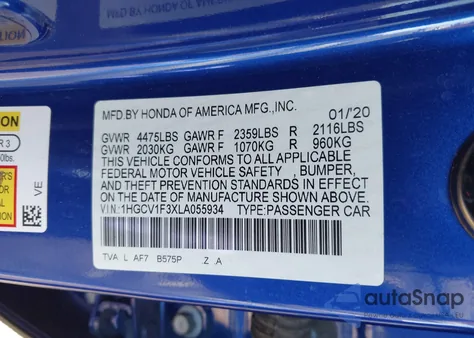 2020 Honda Accord Sport из США, поврежденный, VIN 1HGCV1F3XLA055934